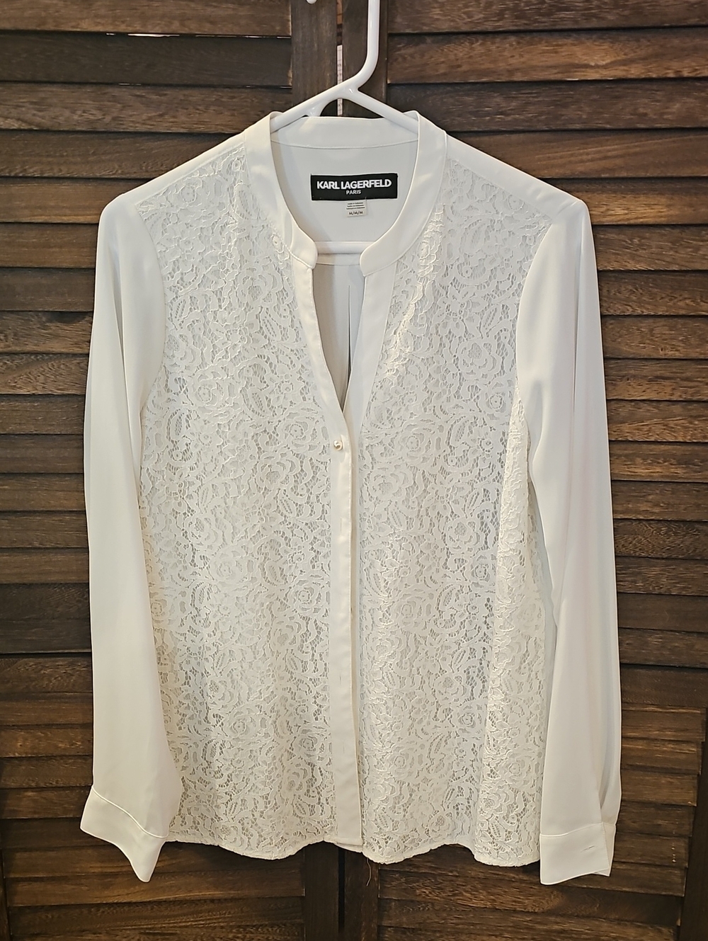 Karl Lagerfeld Paris White Lace Front Button Up Career Blouse Size M EUC #896